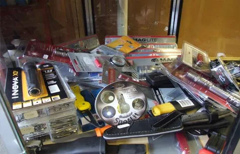 Display cabinet with ironmongery products